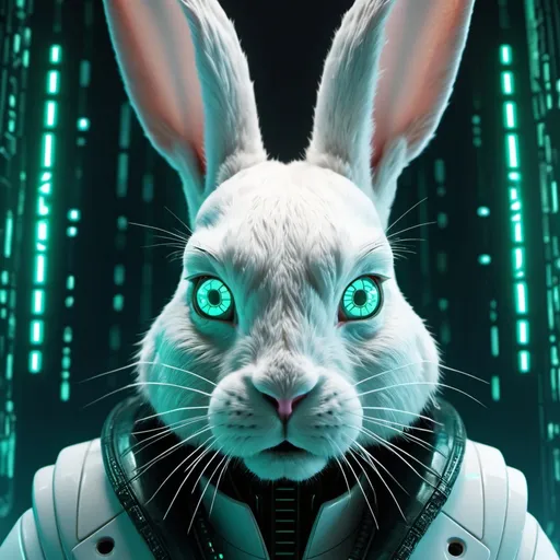 Prompt: Digitized white rabbit face, matrix-like cybernetic environment, visage projected from solid code obelisk, high-tech rendering, futuristic cybernetic, detailed fur with tech reflections, intense and curious gaze, cool blue and green tones, glowing digital lighting, highres, ultra-detailed, cyberpunk, futuristic, matrix-like, detailed eyes, sleek design, professional, atmospheric lighting