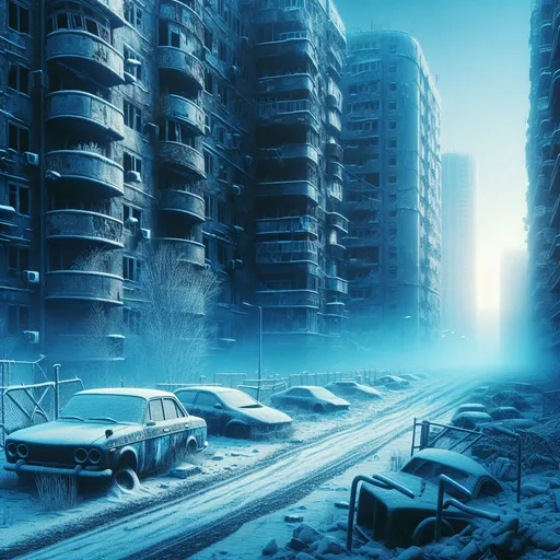 Prompt: Graphic novel artstyle, cyberpunk 2077 concept art, (decrepit cityscape), (nuclear winter), (abandoned residential apartment complex), rusted car husks on the street, cracked concrete, snowy cityscape, soft cobalt blue lighting, haunting blue mist, (post apocalypse atmosphere), detailed textures, 4K ultra-detailed, dramatic contrasts, eerie shadows, dystopian motifs, weathered urban landscape, chilling ambiance.