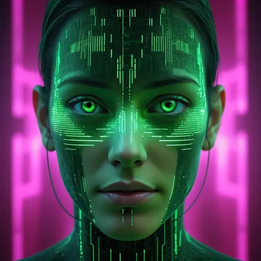 Prompt: Digitized androgenous Human face made of code, matrix-like cybernetic environment, visage projected from solid code obelisk, high-tech rendering, futuristic cybernetic, intense and judgemental downward gaze, cool pink and green tones, glowing digital lighting, highres, ultra-detailed, cyberpunk, futuristic, matrix-like, detailed eyes, atmospheric lighting