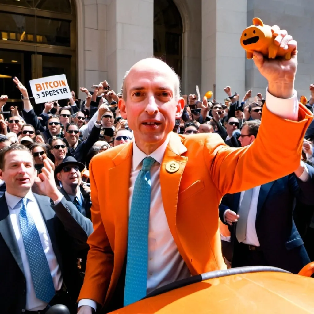 Prompt: Gary gensler wearing a bitcoin orange suit, riding a pig through wall street while a crowd of fingers cheer him on
