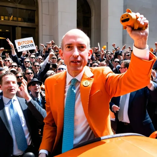 Prompt: Gary gensler wearing a bitcoin orange suit, riding a pig through wall street while a crowd of fingers cheer him on
