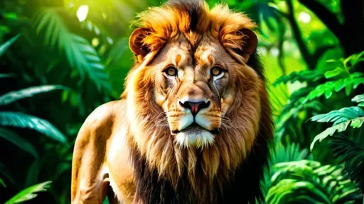 Prompt: Majestic lion standing proudly in a vibrant jungle setting