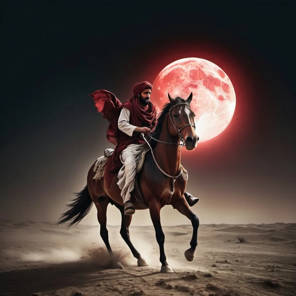 Prompt: For me, based on the story of Imam Hussain, which is mentioned in Islam, imagine Imam Hussain's brother riding a horse with one of his severed hands carrying a skin bag of water towards the bloody moon.