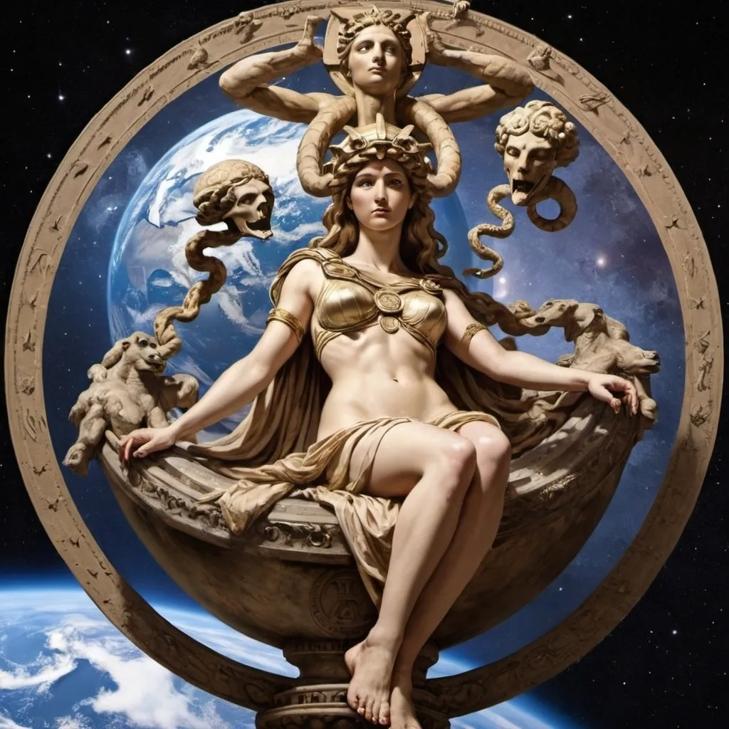 Prompt: The Athena sitting above the earth, in space, which Medusa's head in yor feets