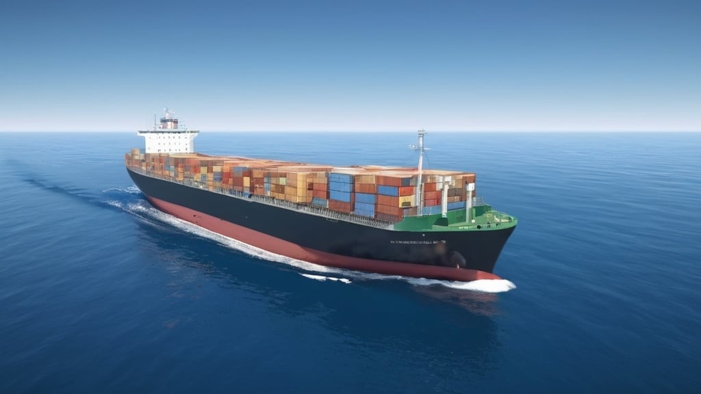 Prompt: Giant cargo ship sailing on the vast Pacific Ocean, clear blue skies, gentle waves, wide ocean expanse, realistic 3D rendering, high quality, detailed ship structure, serene seascape, professional, realistic, peaceful atmosphere, calm lighting
cargo ship not more than 50% of total picture size
show the whole ship