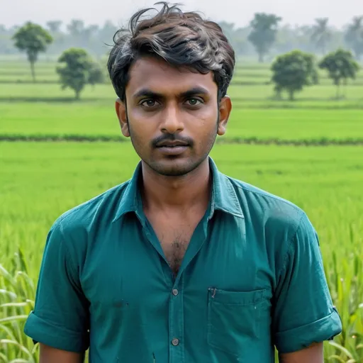 Prompt: a man with a messy haircut and a blue shirt on is looking at the camera with a green field in the background, Bikash Bhattacharjee, samikshavad, jayison devadas, a picture