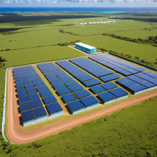 Prompt: a solar farm in barbados with a container farm on a big farm landscape
