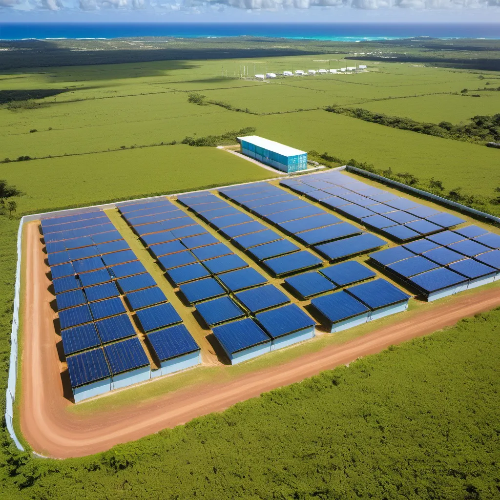 Prompt: a solar farm in barbados with a container farm on a big farm landscape
