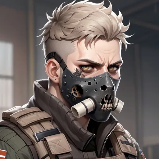 Prompt: anime-style illustration of a gruff soldier with a black wolf skull muzzle mask, wearing a tactical vest, sharp light hazle colored eyes with small pupils and heavy eye, dark circles around eyes, adorned with scars, white eye lashes, white blonde tight curled short hair, smooth art, high quality, anime, detailed eyes, military, British military, tactical vest, scars, intense gaze, muted, pale skin