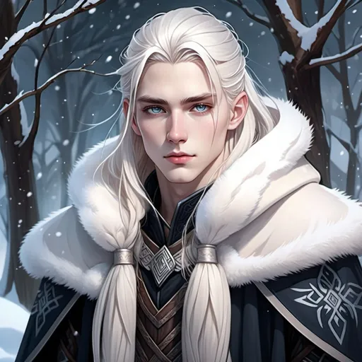 Prompt: anime-style illustration of a elegant Nordic man, slim face, gentle, porcelain pale skin, soft blush, eye eyes, long straight hair with shaved sides, stark white hair, ethereal, white eyelashes, soft lips, soft eyes, snow furs and cloak, viking, norse, tattoos, smooth art, high quality, anime, detailed eyes, blizzard storm, dark lighting
