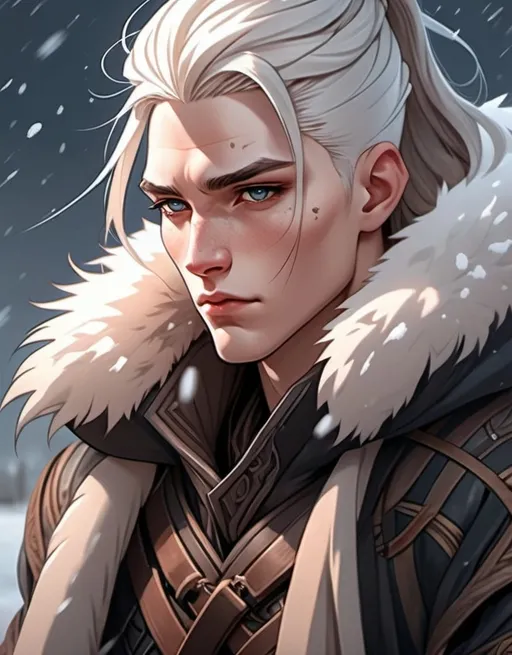 Prompt: anime-style illustration of a elegant Nordic man, slim face, gentle, porcelain pale skin, soft blush, eye eyes, long straight hair with shaved sides, stark white hair, ethereal, white eyelashes, soft lips, soft eyes, snow furs and cloak, viking, norse, tattoos, smooth art, high quality, anime, detailed eyes, blizzard storm, dark lighting
