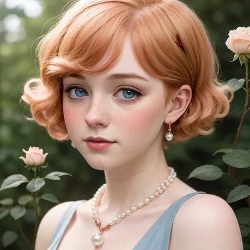 Prompt: 1920, southern belle, light Strawberry blonde hair, pixie cut, pale skin, freckles, blue eyes, rose gold 1920's dress, pearl necklace and bracelet, pearl earrings, chubby cheeks, pretty, 20s, dainty, detailed anime style, art, Smooth art