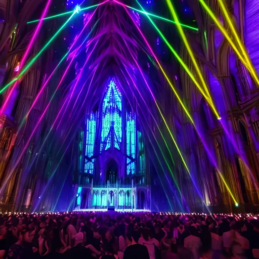 Prompt:    gothic cathedrals full of led screend lights lasers . so many people are dancing. this is a dance church.everyone is happy . 
