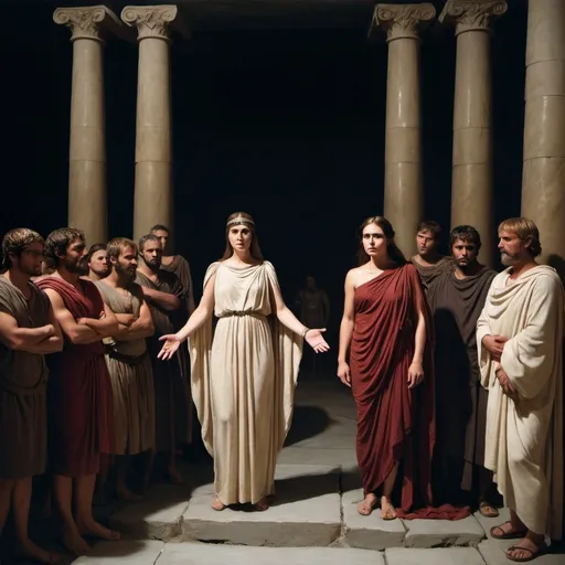 Prompt: Antigone standing before the judges of the underworld, representing her moral and divine conviction against the backdrop of Creon’s temporal authority. Alternatively, an image of her solemnly performing the burial rites for Polynices could powerfully underscore the gravity and sanctity of her actions.