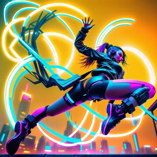 Prompt: A view from behind, Cyberpunk girl, leaping into the air, one leg extended back and the other bent, dynamic and exciting pose, futuristic cyber outfit adorned with vivid glowing neon lights, urban landscape in the background, vibrant color tones combined with dark shadows, high tech aesthetic, high detail, 4K resolution, explosive energy and movement depicted vividly.