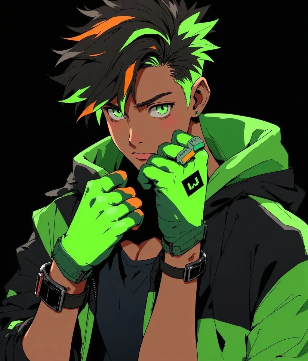 Prompt: a man with a neon green and orange hair and a neon green jacket and neon green gloves and a neon green and black jacket, Andrew Law, neogeo, rossdraws global illumination, cyberpunk art