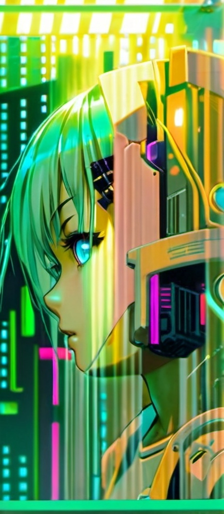 Prompt: Cybernetic anime girl, parkour in a dazzling cyber city, vibrant color scheme, dynamic acrobatic action pose, showcasing energy and movement, futuristic architecture in the background, neon lights flickering, exhilarating atmosphere filled with adrenaline, immersive depth of field, ultra-detailed, high contrast visuals, enchanting glow effects, lively and engaging scene, celebrating technology and agility.