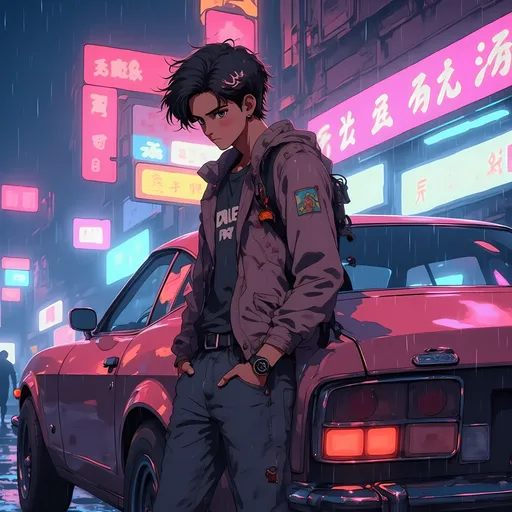 Prompt: Anime boy, vibrant color scheme, retro arcade style, nostalgic atmosphere, standing confidently next to a classic Datsun 240z, striking colors reminiscent of neon lights, dynamic and engaging pose, visually captivating background with colorful retro elements, high energy vibes, moody atmosphere, digital rendering, intricate details, fantasy-inspired design, energetic backdrop