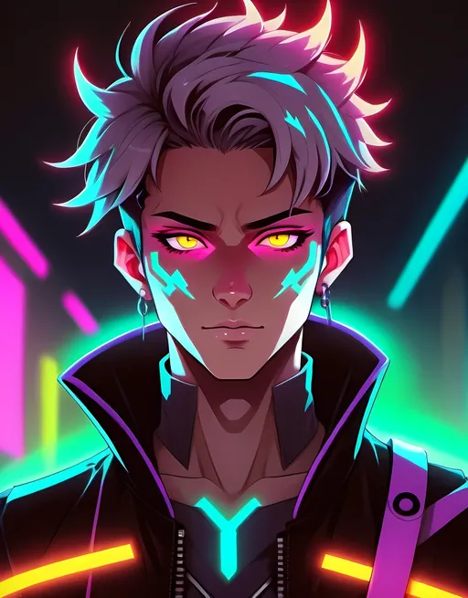 Prompt: Character portrait of a devilishly handsome anime boy, dark color scheme with glowing neon accents, striking glowing neon effects, illuminated aesthetic, stylish outfit featuring futuristic elements, dramatic shadowing enhancing facial features, glowing elements, high quality, ultra-detailed, cinematic atmosphere.