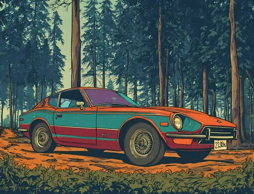 Prompt: Anime illustration of a (Datsun 240Z) parked on an abandoned dirt road in a lush pine forest, vibrant, dynamic angles showcasing the car's sleek lines, high-quality illustration, detailed, composition emphasizing the retro charm, pop art aesthetic