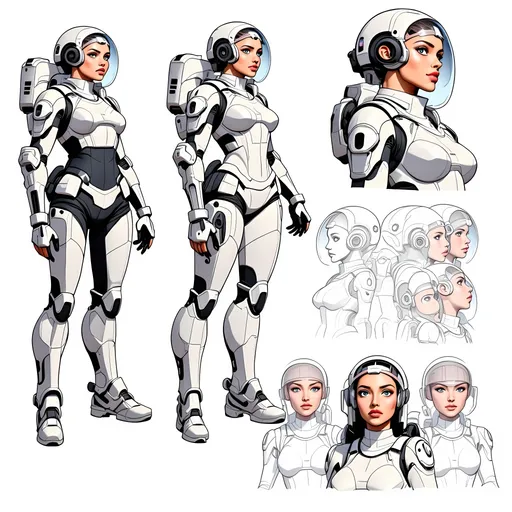 Prompt: Comic book illustration of a woman in a spacesuit with a helmet and visor, holding a laser gun, in the style of Alex Ross, a comic book art style