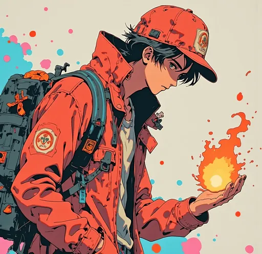 Prompt: anime key visual of a boy in a fire man’s suit and hat, a ball of fire coming from his hand,, anime art, with a colorful background and a splash of paint, abstract art, a watercolor painting, anime art, Ayako Rokkaku, pre-raphaelitism, yukito kishiro, a manga drawing, graffiti art