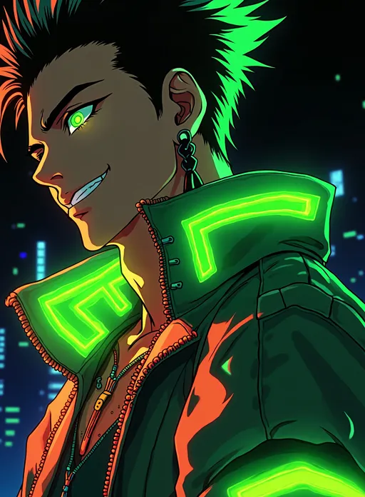 Prompt: Character portrait of a devilishly handsome anime boy, futuristic-retro futurism style, dark color scheme with vibrant neon accents, striking glowing neon effects, illuminated aesthetic, stylish outfit featuring futuristic elements, dramatic shadowing enhancing facial features, emotion-filled expression, cyberpunk cityscape background with glowing elements, high quality, ultra-detailed, cinematic atmosphere.