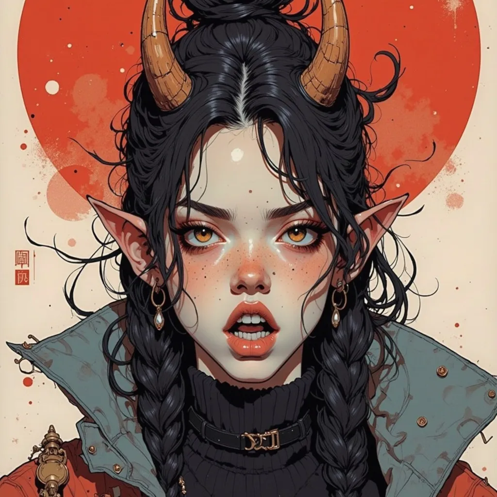 Prompt: hand-drawn illustration of striking young beautiful monster girl, oni girl with elegant horns, sharp vampire teeth glinting, adorned in intricately designed attire, bold and contrasting colors, ultra-detailed, showcasing the enchanting and dynamic ambiance of fantasy, painted anime style