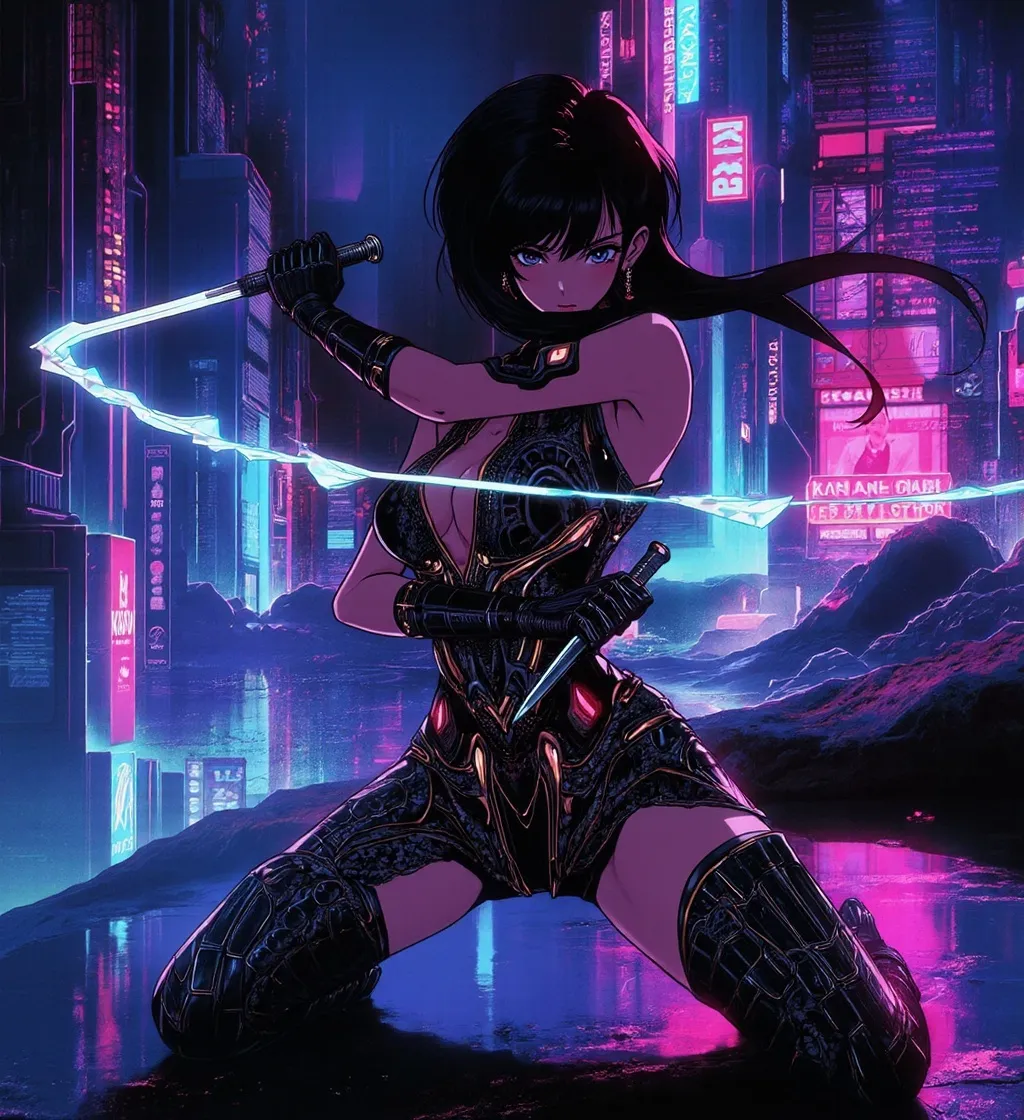 Prompt: 80's anime aesthetic, Captivating Cyberpunk anime girl, an angry warrior-like expression, A dagger in each hand, neon light streaming from the tip of one of the daggers, her arms crossed in front of her, (futuristic circuit board dress with glowing neon accents), the setting is a dystopian cyberpunk city at night, dynamic glow from neon lights, super detailed renderings, anime,