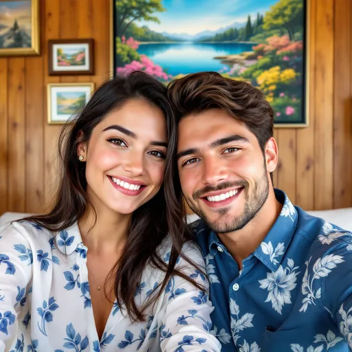 Prompt: In a cozy indoor setting, a young couple poses for a selfie, showcasing their close-knit bond. The woman, wearing a patterned white blouse with blue leaf motifs, beams softly, her long dark hair cascading naturally over her shoulder. Next to her, the man sports a blue shirt adorned with a similar floral design, looking directly at the camera with a relaxed expression. Behind them, the ambiance is enhanced by a wooden wall adorned with artworks, including a colorful portrait, creating a warm and inviting atmosphere. The lighting is bright but soft, highlighting their features and the cheerful mood of their moment together.