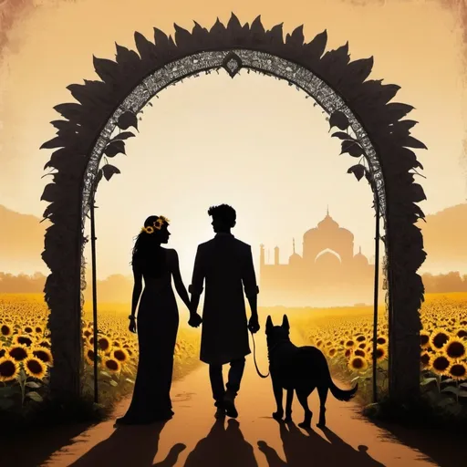 Prompt: A bohemian arc with an Indian couple in silhouette with their backs faced walking towards the arc and a pormerenian dog with a sunflower in his mouth looking at you. This is idea for a wedding card backdrop