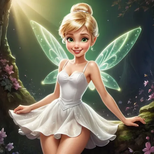 Prompt: Pretty beautiful happy Tinkerbell wearing the short white dress