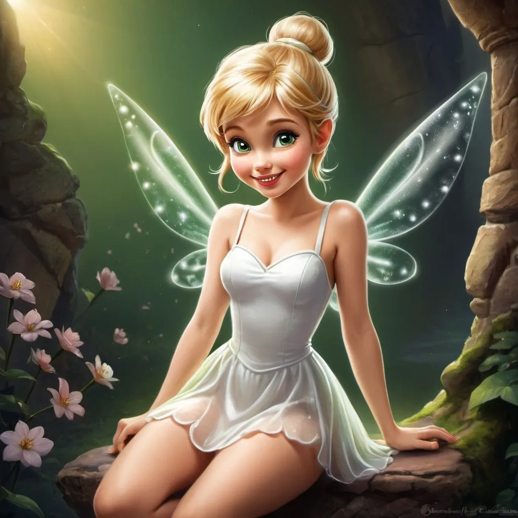 Prompt: Pretty beautiful happy Tinkerbell wearing the short white dress