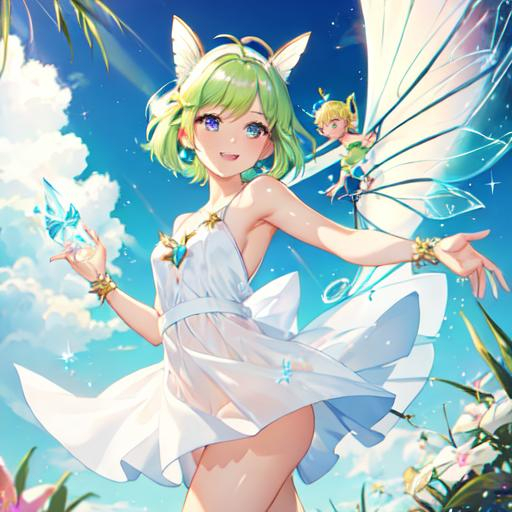 Prompt: Pretty beautiful happy Tinkerbell wearing the short white dress without straps