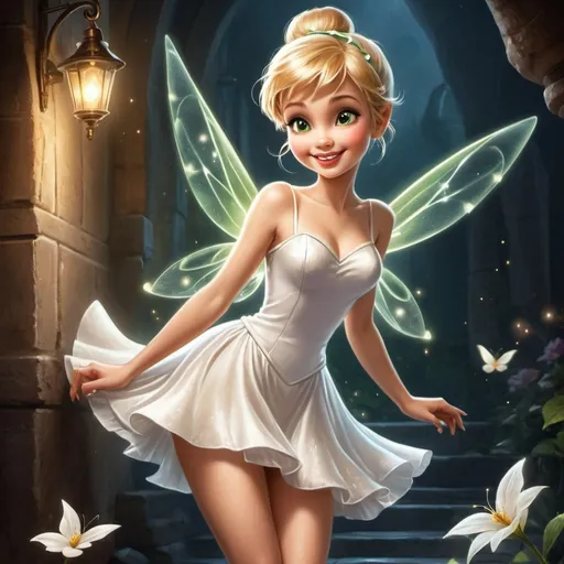 Prompt: Pretty beautiful happy Tinkerbell wearing the short white dress