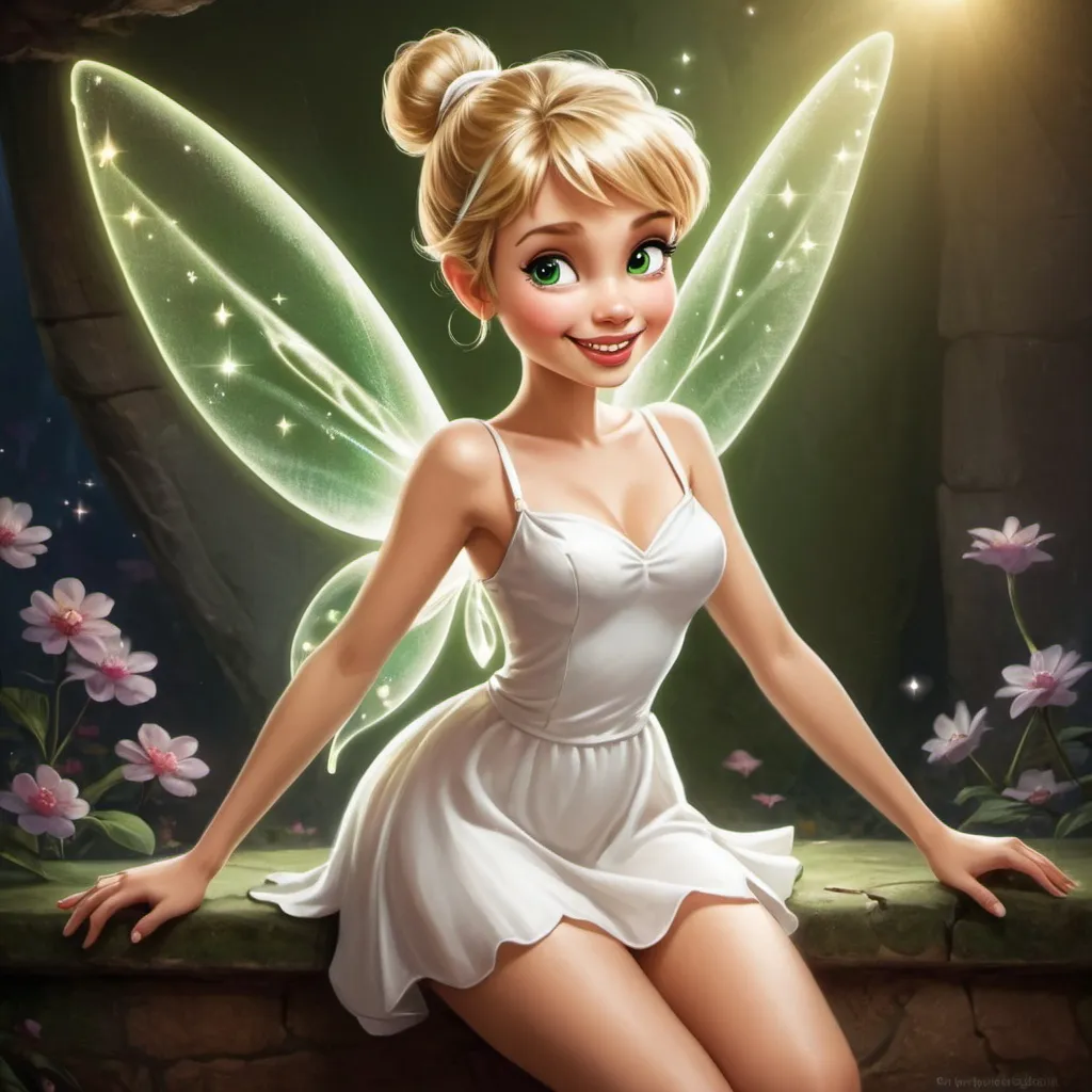 Prompt: Pretty beautiful happy Tinkerbell wearing the short white dress