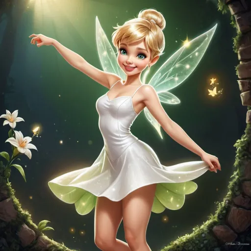 Prompt: Pretty beautiful happy Tinkerbell wearing the short white dress