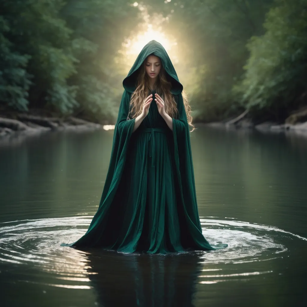 Prompt: A serene figure emerges from the tranquil waters, embodying an ethereal presence with long, flowing hair partially covered by a dark green hooded cloak. Her hands are gracefully extended, suggesting a welcoming or contemplative gesture, while soft ripples radiate from her waist, enhancing the peaceful ambiance. A glowing halo encircles her head, adding a divine aura to the scene set against a misty backdrop that hints at early morning light or dusk. The soft color palette combined with the reflective water creates a mood of calmness and spirituality, inviting viewers into a moment of serene beauty and introspection.