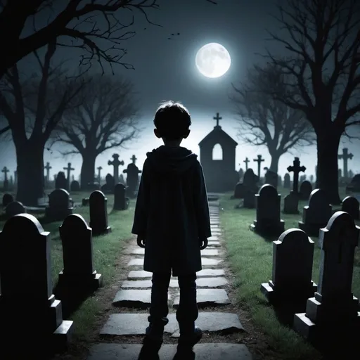 Prompt: a boy hiding after a graveyard and some shadowy figures is front of the graveyard    




