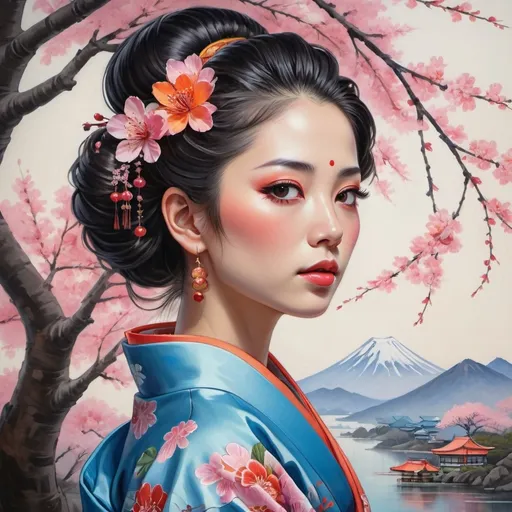 Prompt: A beautifully detailed painting of a woman in a traditional Japanese kimono, adorned with intricate floral patterns. Her long, dark hair is styled in an elaborate updo, decorated with vibrant flowers in shades of orange, pink, and blue. Her makeup is elegant, with a red bindi on her forehead and vivid red eye makeup. She has a contemplative expression, gently touching her chin. The background features cherry blossom trees in full bloom, with petals floating gracefully in the air, creating a serene and ethereal atmosphere that captures the essence of traditional Japanese beauty and artistry. 