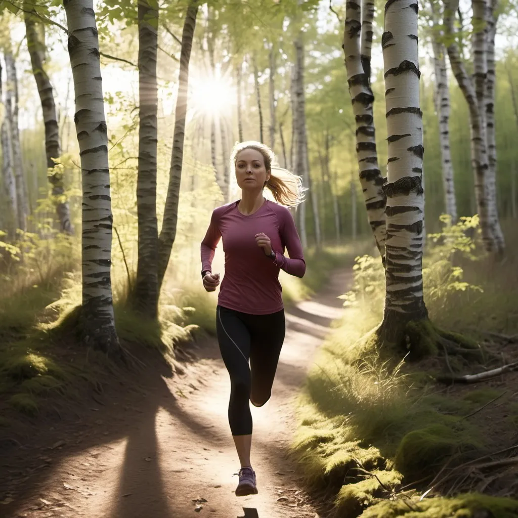 Prompt: A woman in her 30s, in athletic clothes, Running through the woods on a trail. large oak and birch trees line the trail, the sun is high in the sky dripping light through the trees, "creating a sense of motivation" .2, (close shot) 1.5