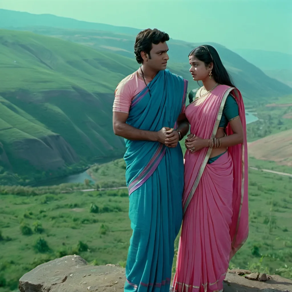 Prompt: a man and woman standing on a cliff with a view of the valley behind them in a blue and pink sari, Ella Guru, samikshavad, movie still frame, a photocopy