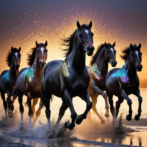 Prompt: 7 visible running dark horses,  With a splash of glitter. Dawn in the background