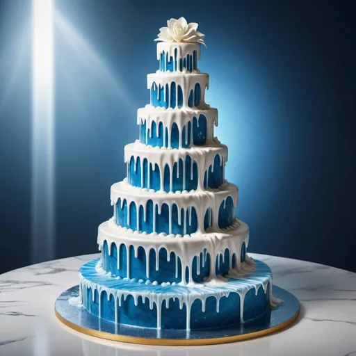 Prompt: generate hyper realistic photograph of three floor birthday cake that looks like waterflow in blue and white