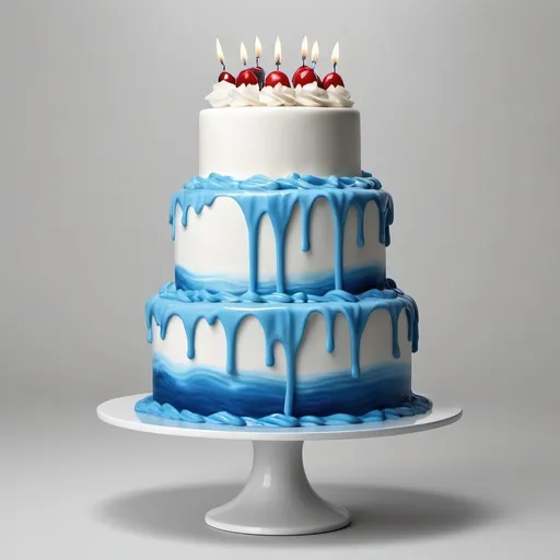 Prompt: generate hyper realistic photograph of three floor birthday cake that looks like waterflow in blue and white