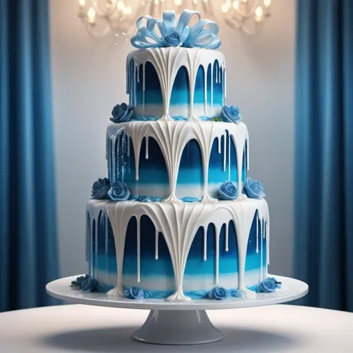 Prompt: generate hyper realistic photograph of three floor birthday cake that looks like waterflow in blue and white