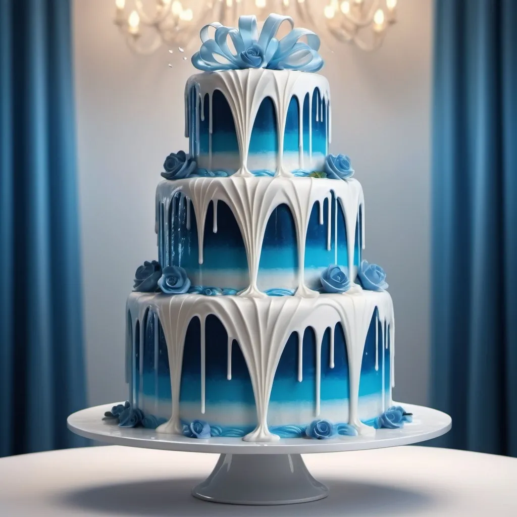 Prompt: generate hyper realistic photograph of three floor birthday cake that looks like waterflow in blue and white