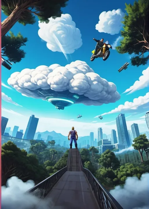 Prompt: Internet cloud security adventure illustrated as a graphics design in the style of GTA V, wide angle shot, full body male android 18 from dragon ball z flying towards the camera in the distance, scenery is a computer hardware space forest in the clouds cyber punk environment 