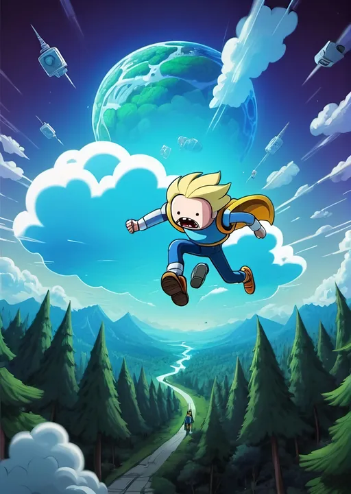 Prompt: Internet cloud security adventure illustrated as a graphics design in the style of adventure time, wide angle shot, full body male android 18 from dragon ball z flying towards the camera in the distance, scenery is a computer hardware space forest in the clouds cyber punk environment 