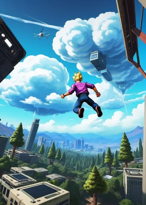 Prompt: Internet cloud security adventure illustrated as a graphics design in the style of GTA V, wide angle shot, full body male android 18 from dragon ball z flying towards the camera in the distance, scenery is a computer hardware space forest in the clouds cyber punk environment 